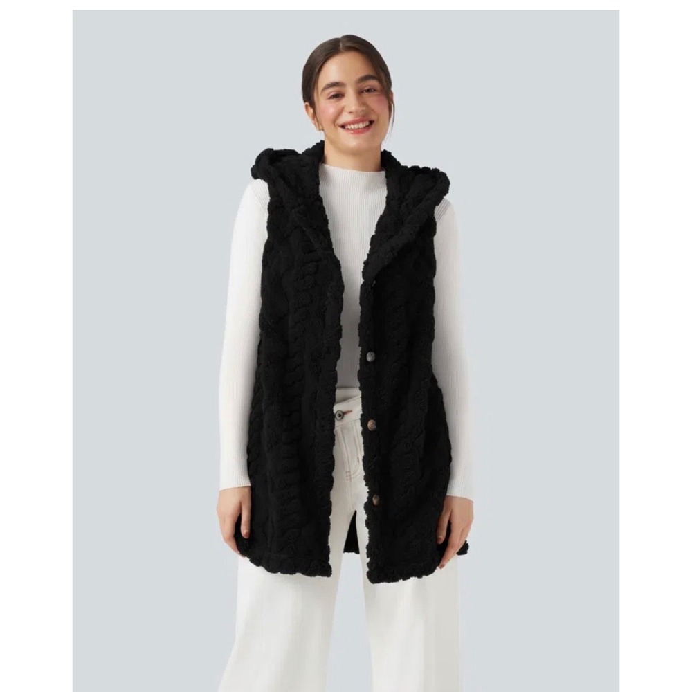 Halara Faux Fur Vest Women Medium Black New Hooded Cable Knit Longline Button Up
